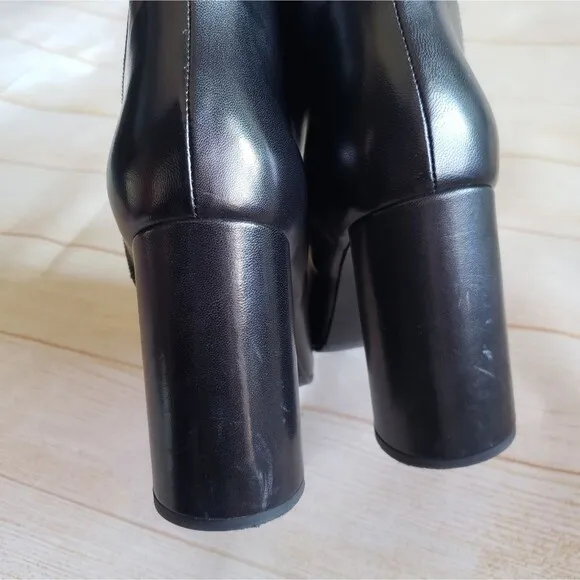 MA &amp; LO Italy Leather Pointy Toe Block Heels Ankle Boots Booties Black Size 39