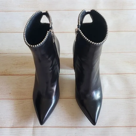 MA &amp; LO Italy Leather Pointy Toe Block Heels Ankle Boots Booties Black Size 39