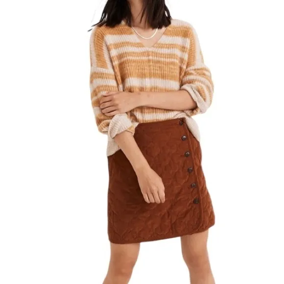 Madewell Corduroy Quilted Mini Skirt Warm Coffee Wrap Buttons Cord Women's 10