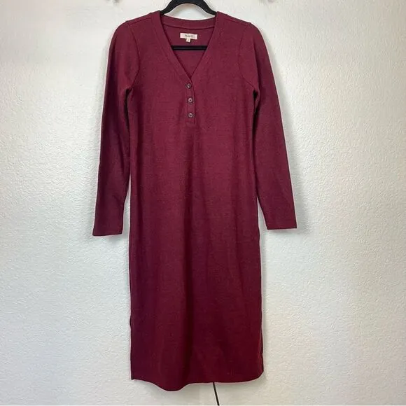 Madewell Long Sleeve Henley Midi Sweater Dress in Heather Rusted Red size Medium