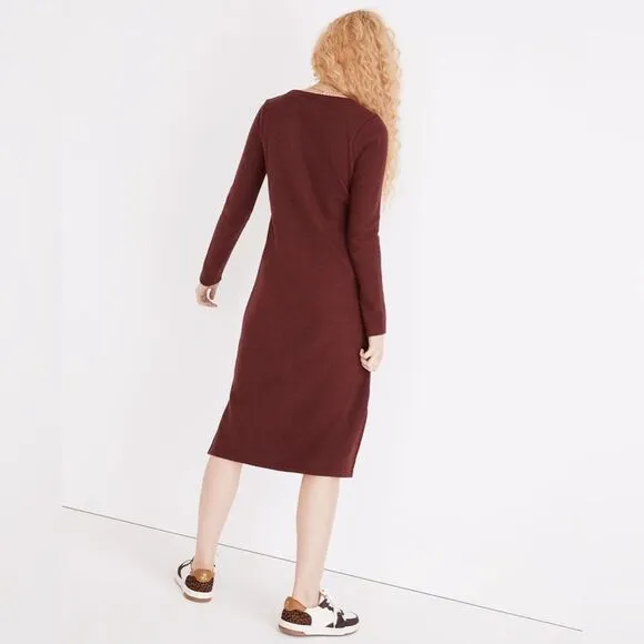 Madewell Long Sleeve Henley Midi Sweater Dress in Heather Rusted Red size Medium