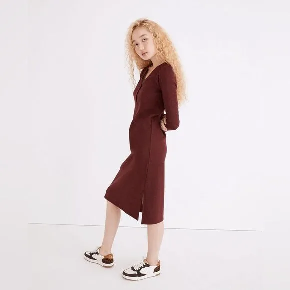 Madewell Long Sleeve Henley Midi Sweater Dress in Heather Rusted Red size Medium