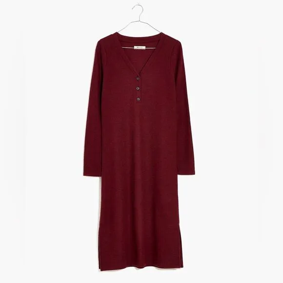 Madewell Long Sleeve Henley Midi Sweater Dress in Heather Rusted Red size Medium
