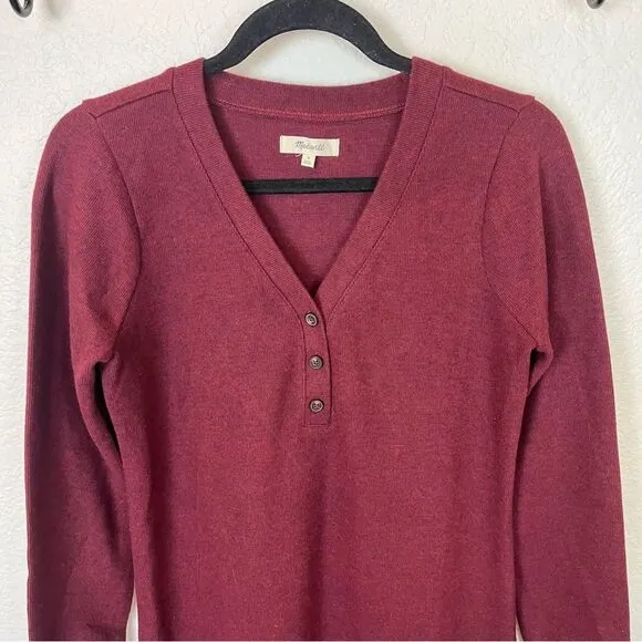 Madewell Long Sleeve Henley Midi Sweater Dress in Heather Rusted Red size Medium
