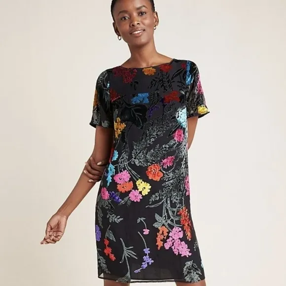 Maeve Anthropologie Alisa Floral Burnout Velvet &amp; Silk Mini Tee Dress Black 4P
