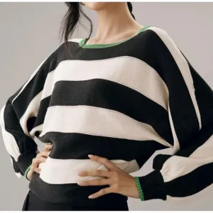Maeve By Anthropologie Slouchy Boatneck White Black Green Sweater Women's SMALL