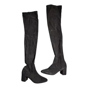 Maje Fuisy Black Suede Over the Knee Block Heel Almond Toe Boots Sz 39 8.5 $650