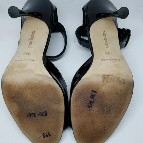 MANOLO BLAHNIK Black Patent Leather Sandals, 39.5