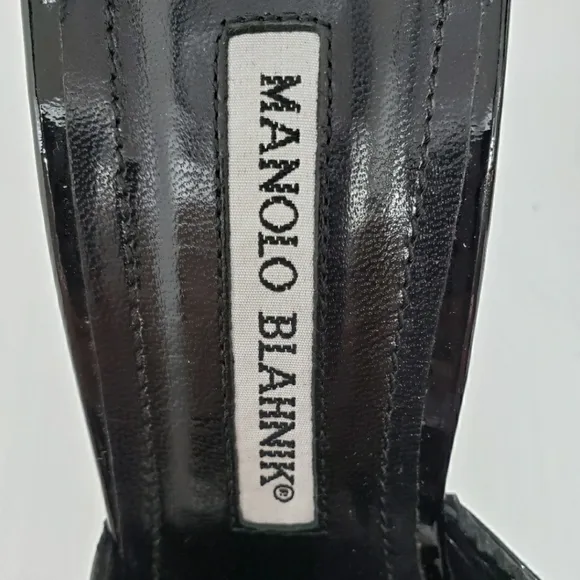 MANOLO BLAHNIK Black Patent Leather Sandals, 39.5