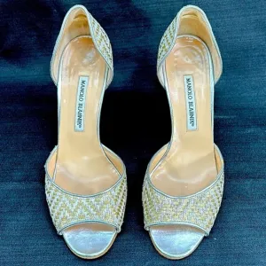Manolo Blahnik Shimmer Basket Weave Slip On Heels Shoes 8.5/38.5