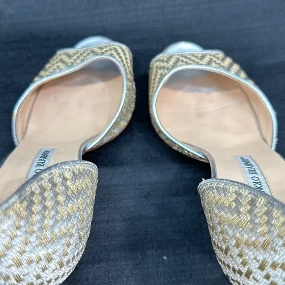 Manolo Blahnik Shimmer Basket Weave Slip On Heels Shoes 8.5/38.5