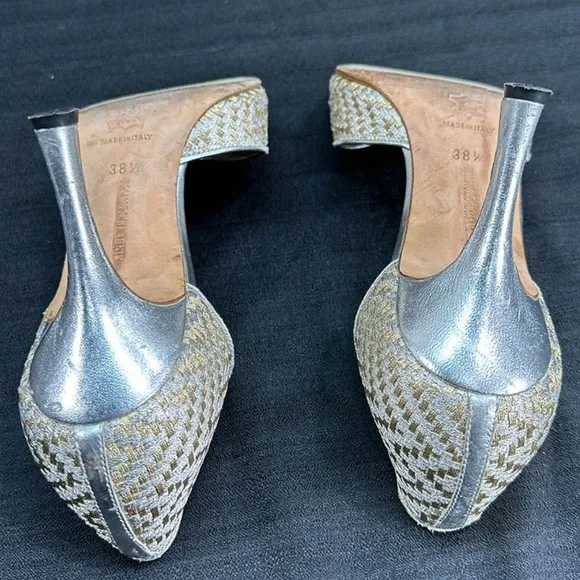 Manolo Blahnik Shimmer Basket Weave Slip On Heels Shoes 8.5/38.5