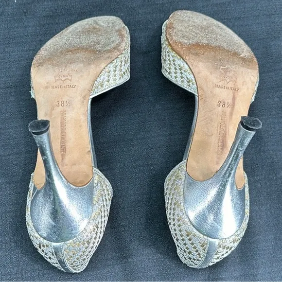 Manolo Blahnik Shimmer Basket Weave Slip On Heels Shoes 8.5/38.5