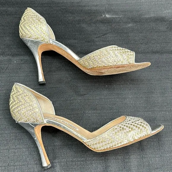 Manolo Blahnik Shimmer Basket Weave Slip On Heels Shoes 8.5/38.5
