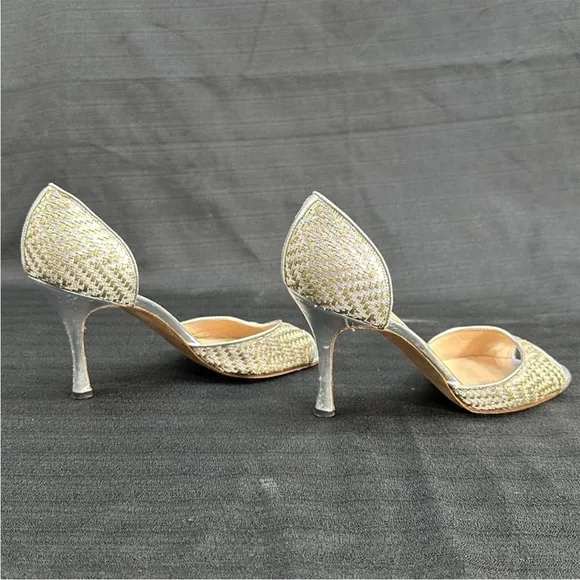 Manolo Blahnik Shimmer Basket Weave Slip On Heels Shoes 8.5/38.5