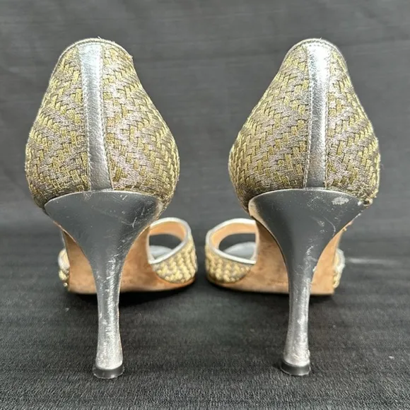 Manolo Blahnik Shimmer Basket Weave Slip On Heels Shoes 8.5/38.5