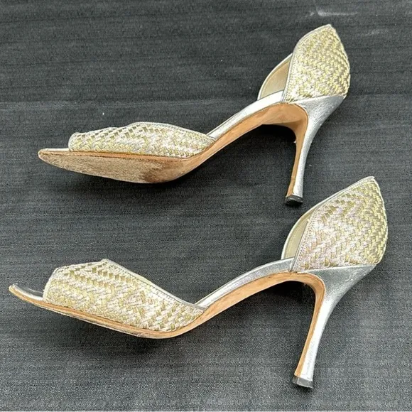 Manolo Blahnik Shimmer Basket Weave Slip On Heels Shoes 8.5/38.5