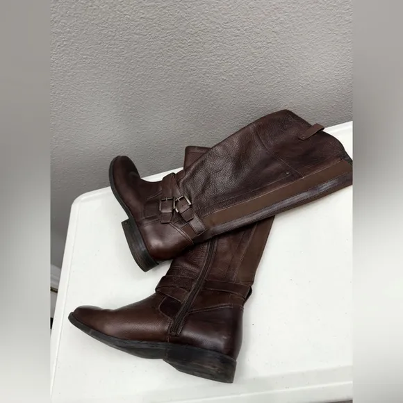 Marc Fisher Size 9 M Brown Leather Knee-High Boots Low Heel Flat Wide Calf