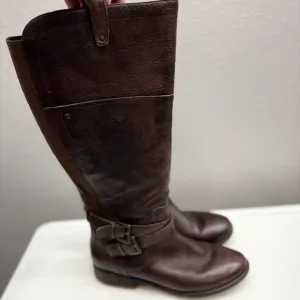 Marc Fisher Size 9 M Brown Leather Knee-High Boots Low Heel Flat Wide Calf
