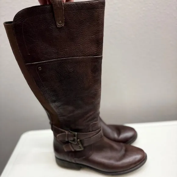 Marc Fisher Size 9 M Brown Leather Knee-High Boots Low Heel Flat Wide Calf