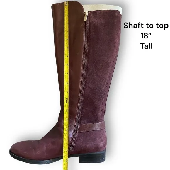 Marc Fisher Tall Riding Boots Leather Suede, 18” Size 9W Burgundy Flat ……