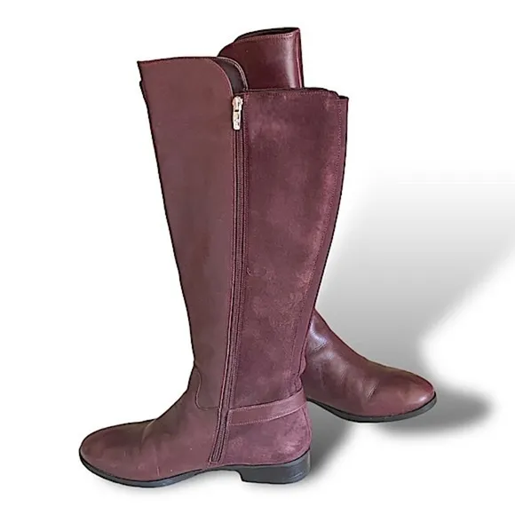 Marc Fisher Tall Riding Boots Leather Suede, 18” Size 9W Burgundy Flat ……