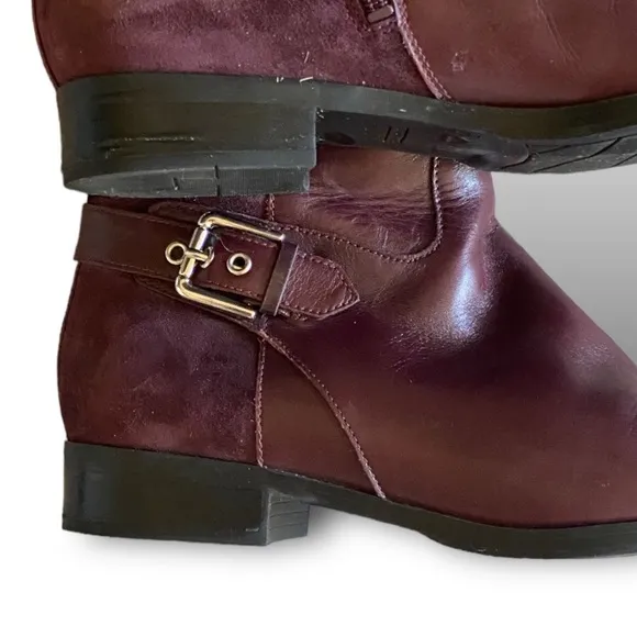 Marc Fisher Tall Riding Boots Leather Suede, 18” Size 9W Burgundy Flat ……