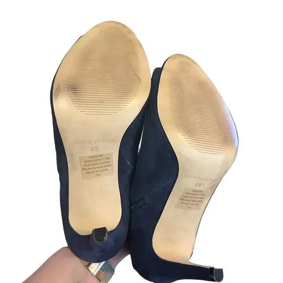 Marc Fisher Women's Blue Suede Serenity Peep Toe zip ankle wide width shoes 8W