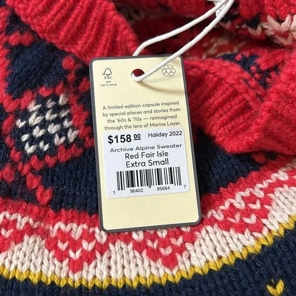 Marine Layer Fair Isle Sweater Red Alpine Archive Wool Alpaca Outdoor Sz XS NEW