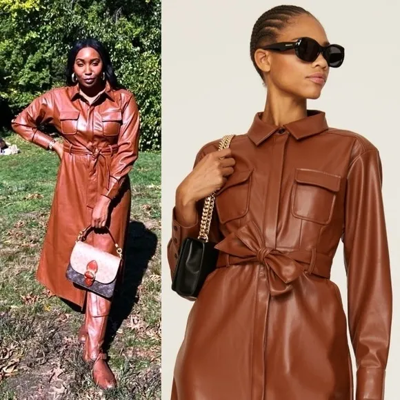 MARISSA WEBB Faux Leather Long Sleeve Belted Button Front Jacket Midi Dress 0