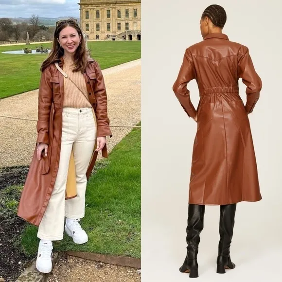 MARISSA WEBB Faux Leather Long Sleeve Belted Button Front Jacket Midi Dress 0