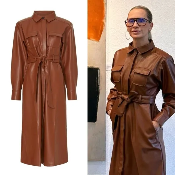 MARISSA WEBB Faux Leather Long Sleeve Belted Button Front Jacket Midi Dress 0