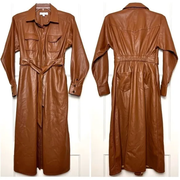 MARISSA WEBB Faux Leather Long Sleeve Belted Button Front Jacket Midi Dress 0
