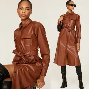 MARISSA WEBB Faux Leather Long Sleeve Belted Button Front Jacket Midi Dress 0