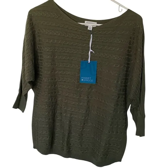 MARKET &amp; SPRUCE Reviera Cable KnitDolman Sleeve Sweater Olive Green siz…