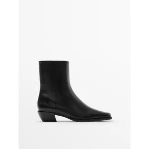Massimo Dutti Leather Square-Toe Flat Ankle Boots Size 39