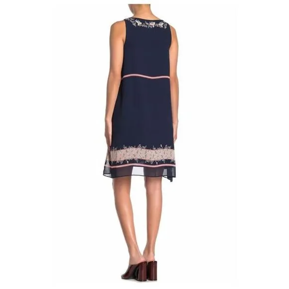 MAX STUDIO Scarf Print Boatneck Sleeveless A-Line Shift Dress Navy sz M Women's
