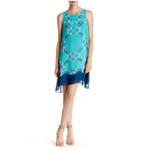 MAX STUDIO Scarf Print Boatneck Sleeveless A-Line Shift Dress Navy sz XS Women's