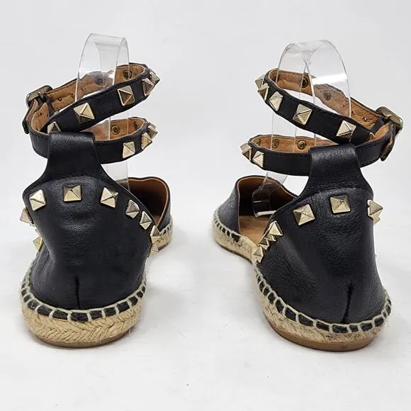 Maypol Espadrille Sandals Women 7.5 Tachas Black Leather Ankle Wrap Pyramid Stud