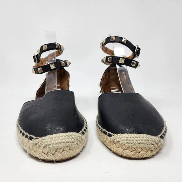 Maypol Espadrille Sandals Women 7.5 Tachas Black Leather Ankle Wrap Pyramid Stud