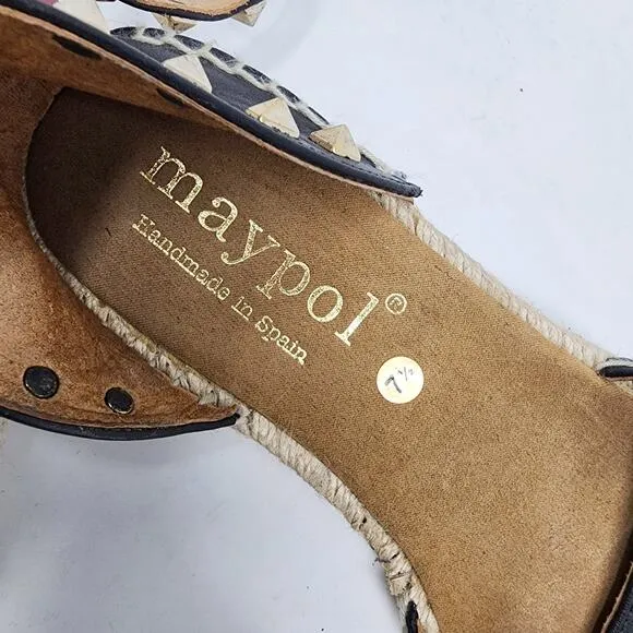 Maypol Espadrille Sandals Women 7.5 Tachas Black Leather Ankle Wrap Pyramid Stud