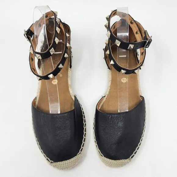 Maypol Espadrille Sandals Women 7.5 Tachas Black Leather Ankle Wrap Pyramid Stud