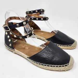 Maypol Espadrille Sandals Women 7.5 Tachas Black Leather Ankle Wrap Pyramid Stud
