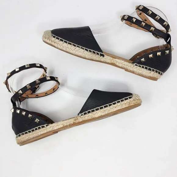 Maypol Espadrille Sandals Women 7.5 Tachas Black Leather Ankle Wrap Pyramid Stud