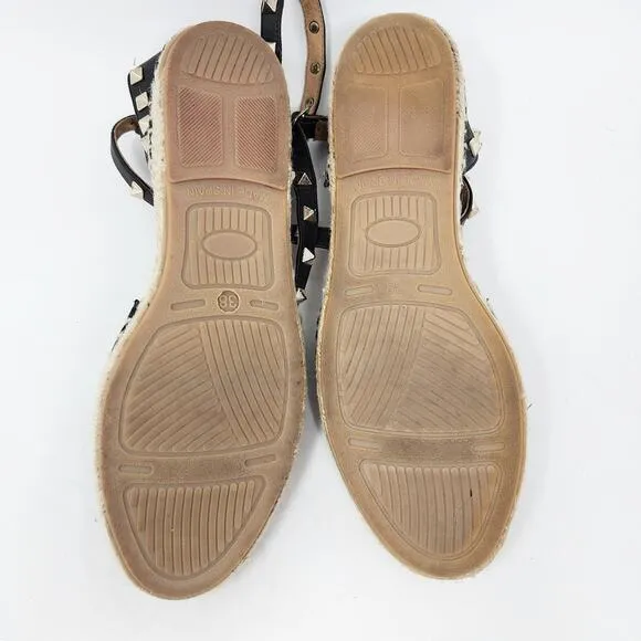 Maypol Espadrille Sandals Women 7.5 Tachas Black Leather Ankle Wrap Pyramid Stud