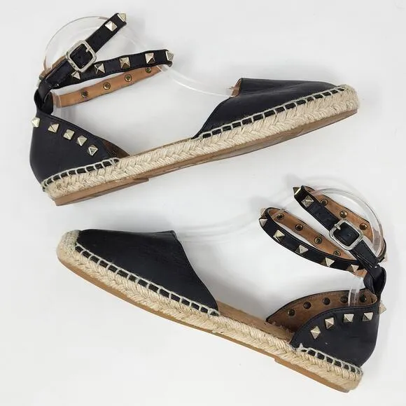 Maypol Espadrille Sandals Women 7.5 Tachas Black Leather Ankle Wrap Pyramid Stud