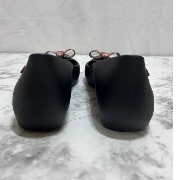 Melissa Ultragirl Metal Bow Rose Gold Ballet Black Flat Shoes 10 Round Peep Toe