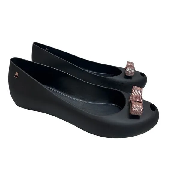 Melissa Ultragirl Metal Bow Rose Gold Ballet Black Flat Shoes 10 Round Peep Toe