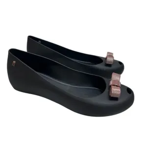 Melissa Ultragirl Metal Bow Rose Gold Ballet Black Flat Shoes 10 Round Peep Toe