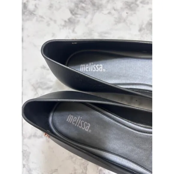 Melissa Ultragirl Metal Bow Rose Gold Ballet Black Flat Shoes 10 Round Peep Toe